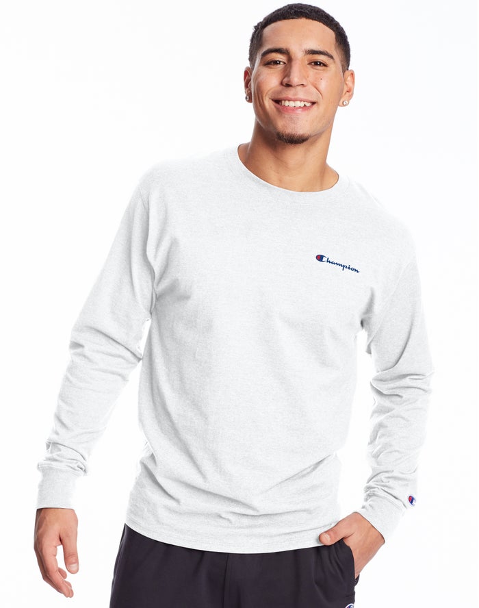 Champion Herre T-Shirts Hvide - Classic Jersey Long-Sleeve Script Logo - Danmark XQI-924018